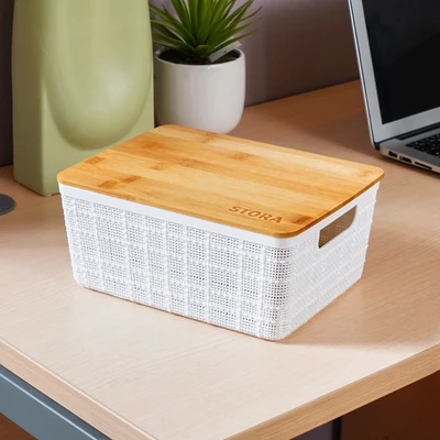 Gambar Stora Kotak Penyimpanan Dengan Tutup Bambu 24x18.5x10.5 cm - Putih