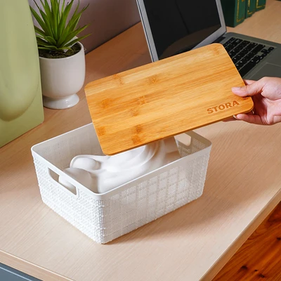 Gambar Stora Kotak Penyimpanan Dengan Tutup Bambu 24x18.5x10.5 cm - Putih