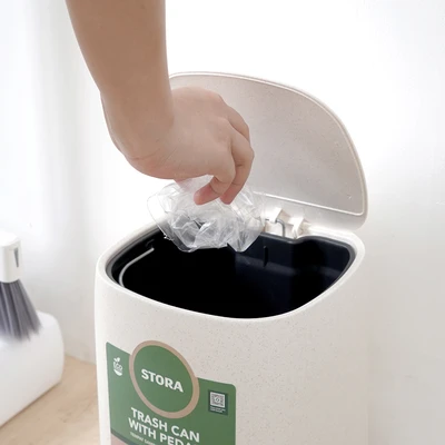 Gambar Stora Eco Tempat Sampah Pedal Plastik Wheat Straw 5 Liter - Krem Beige