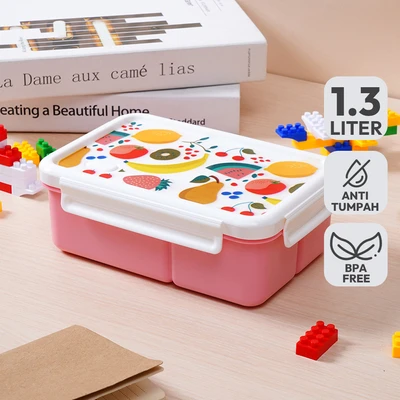 Gambar Ataru Kotak Makan Plastik 3 Sekat Fruit Mix 1.3 Liter - Pink