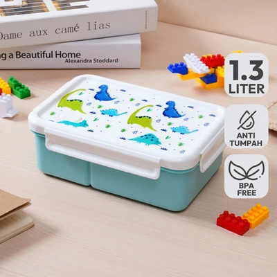 Gambar Ataru Kotak Makan Plastik 3 Sekat Dino 1.3 Liter - Biru