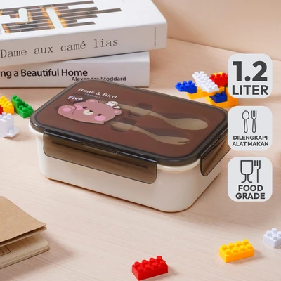 Gambar Ataru Kotak Makan Plastik Dengan Sendok & Garpu 1.2 Liter - Cokelat