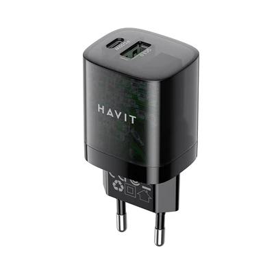 Gambar Havit Kepala Charger GaN Dual USB-A & USB-C 30 Watt - Hitam