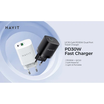 Gambar Havit Kepala Charger GaN Dual USB-A & USB-C 30 Watt - Hitam