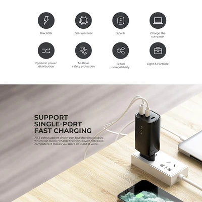 Gambar Havit Kepala Charger GaN USB-C & USB-A 67 Watt - Hitam