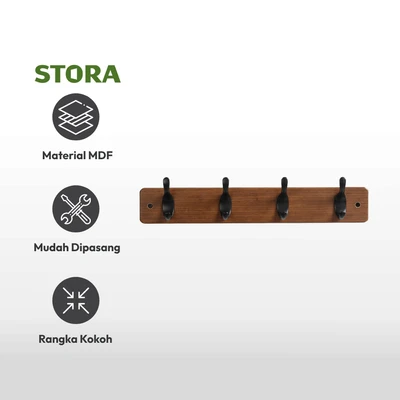 Gambar Stora Gantungan Pakaian Dinding 4 Pengait Walnut 45x6.5x9.5 cm