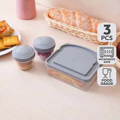 Gambar Kris Kotak Makan Dengan Wadah Camilan Set 3 pcs - Abu-Abu
