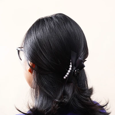 Gambar Ataru Jepit Rambut Round Pearl Ribbon - Hitam