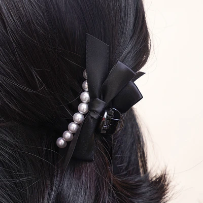Gambar Ataru Jepit Rambut Round Pearl Ribbon - Hitam