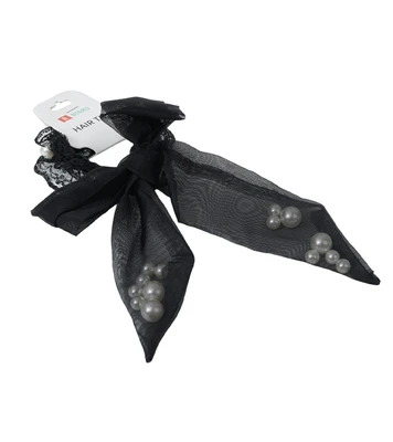 Gambar Ataru Ikat Rambut Ribbon Dengan Pearl - Hitam