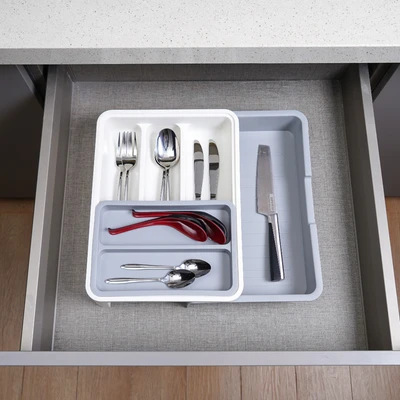 Gambar Stora Tempat Alat Makan Plastik Pp Extendable - Putih/Abu-Abu