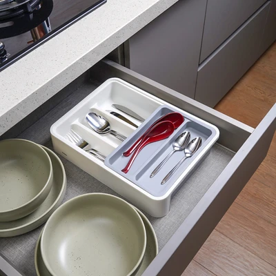 Gambar Stora Tempat Alat Makan Plastik Pp Extendable - Putih/Abu-Abu