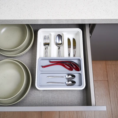 Gambar Stora Tempat Alat Makan Plastik Pp Extendable - Putih/Abu-Abu