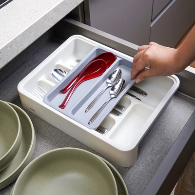 Gambar Stora Tempat Alat Makan Plastik Pp Extendable - Putih/Abu-Abu