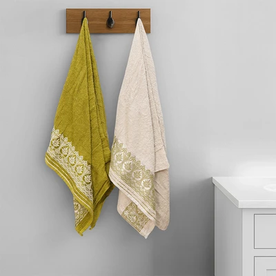 Gambar Forhom 70x137 cm Set 2 Pcs Handuk Mandi - Krem Beige/ Hijau Olive