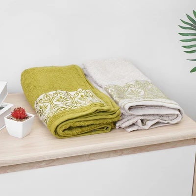 Gambar Forhom 70x137 cm Set 2 Pcs Handuk Mandi - Krem Beige/ Hijau Olive