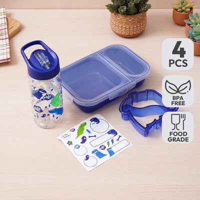Gambar Smash Kotak Makan Anak Plastik 2 Sekat Dino Days Set 4 pcs - Biru