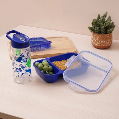 Gambar Smash Kotak Makan Anak Plastik 2 Sekat Dino Days Set 4 pcs - Biru