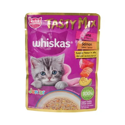 Gambar Whiskas Makanan Kucing Basah Kitten Tasty Mix Tuna Salmon Pumpkin 70 gr