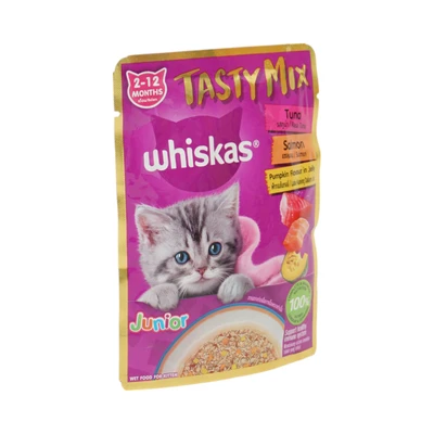Gambar Whiskas Makanan Kucing Basah Kitten Tasty Mix Tuna Salmon Pumpkin 70 gr