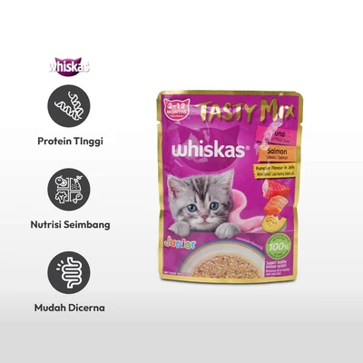Gambar Whiskas Makanan Kucing Basah Kitten Tasty Mix Tuna Salmon Pumpkin 70 gr
