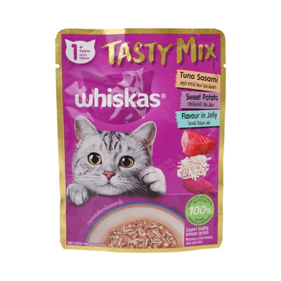 Gambar Whiskas Makanan Kucing Basah Adult Tasty Mix Tuna Sweet Potato 70 gr