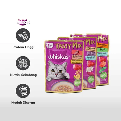 Gambar Whiskas Makanan Kucing Basah Adult Tasty Mix Tuna Katsuo Pum 70 gr