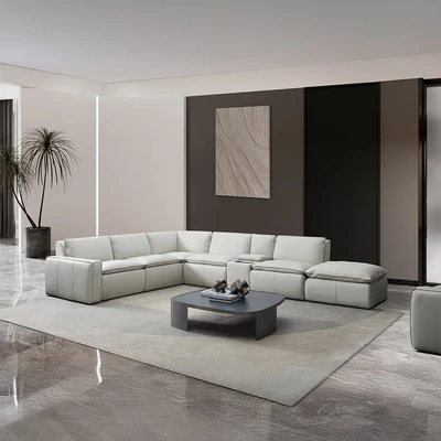 Gambar Ferrara Cambridge Sofa L Sectional Modular Kulit Kanan Oslo - Krem Pebble