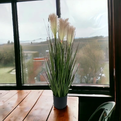 Gambar Arthome Tanaman Artifisial Onion Grass Reed Dengan Pot 12.5x12.5x90 cm - Putih