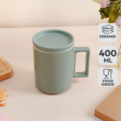 Gambar Delicia Mug Keramik Dengan Tutup Pastel 400 ml - Hijau