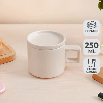 Gambar Delicia Mug Keramik Dengan Tutup Pastel 250 ml - Krem