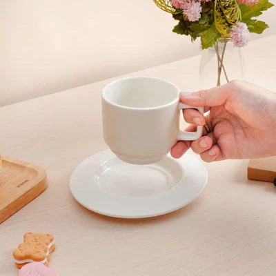 Gambar Delicia Cangkir Keramik Dengan Saucer Pastel 220 ml - Krem Beige