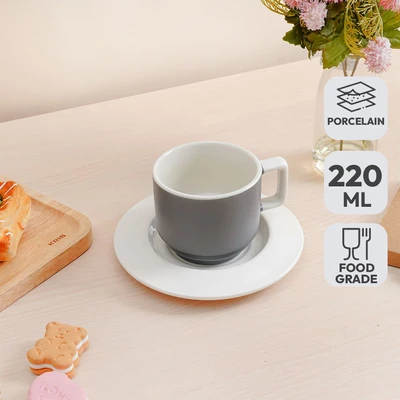 Gambar Delicia Cangkir Teh Keramik Dengan Saucer Pastel 220 ml - Abu-Abu