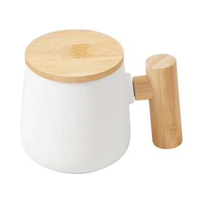 Gambar Delicia Mug Keramik Dengan Handle Bambu 360 ml - Putih/Cokelat