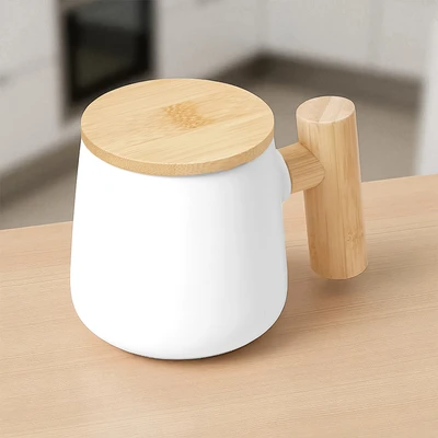 Gambar Delicia Mug Keramik Dengan Handle Bambu 360 ml - Putih/Cokelat