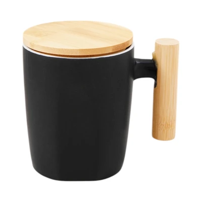 Gambar Delicia Long Hand Mug Keramik Dengan Handle & Tutup Bambu 400 ml - Hitam