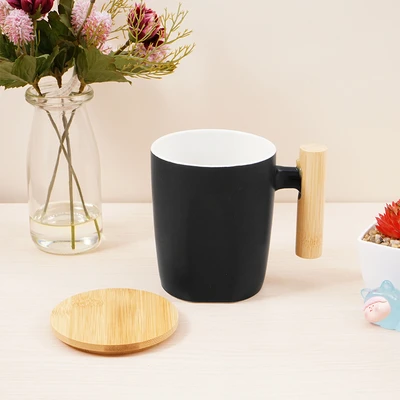 Gambar Delicia Long Hand Mug Keramik Dengan Handle & Tutup Bambu 400 ml - Hitam