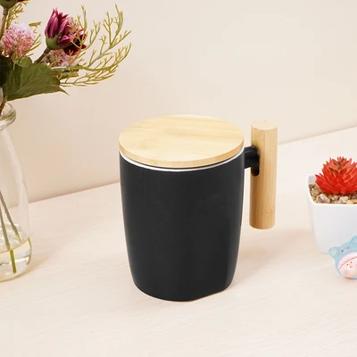 Gambar Delicia Long Hand Mug Keramik Dengan Handle & Tutup Bambu 400 ml - Hitam