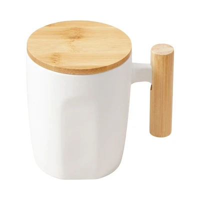 Gambar Delicia Long Hand Mug Keramik Dengan Handle & Tutup Bambu 400 ml - Putih