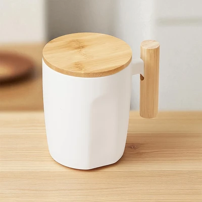 Gambar Delicia Long Hand Mug Keramik Dengan Handle & Tutup Bambu 400 ml - Putih