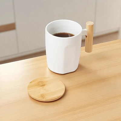 Gambar Delicia Long Hand Mug Keramik Dengan Handle & Tutup Bambu 400 ml - Putih