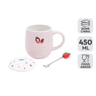Gambar Delicia Mug Bone China Dengan Tutup & Sendok Stroberi 450 ml - Pink