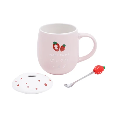 Gambar Delicia Mug Bone China Dengan Tutup & Sendok Stroberi 450 ml - Pink