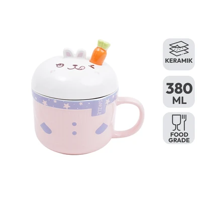 Gambar Delicia Mug Keramik Dengan Tutup & Sendok Bunny 380 ml - Pink