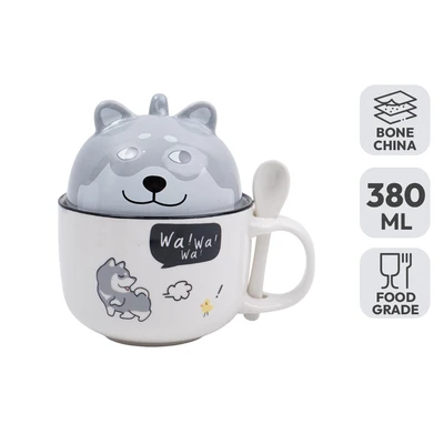 Gambar Delicia Mug Bone China Dengan Tutup & Sendok Shibainu 380 ml - Abu-Abu