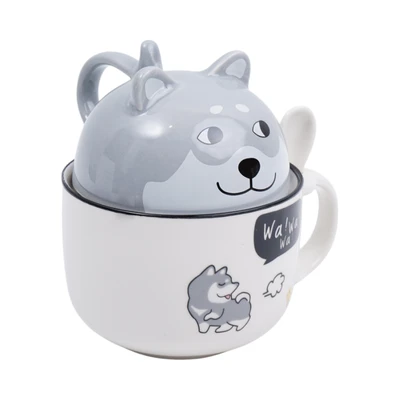 Gambar Delicia Mug Bone China Dengan Tutup & Sendok Shibainu 380 ml - Abu-Abu