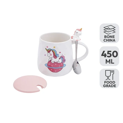 Gambar Delicia Mug Bone China Dengan Tutup & Sendok Unicorn Planet 450 ml - Putih