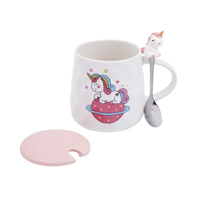 Gambar Delicia Mug Bone China Dengan Tutup & Sendok Unicorn Planet 450 ml - Putih