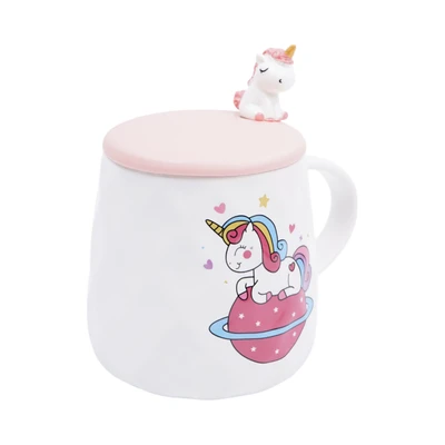 Gambar Delicia Mug Bone China Dengan Tutup & Sendok Unicorn Planet 450 ml - Putih