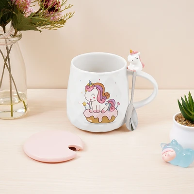 Gambar Delicia Unicorn Donut Mug Dengan Tutup & Sendok 400 ml - Putih/Pink